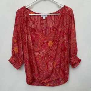 Evereve Orange, Red Floral Paisley Semi Sheer V-Neck Blouse Size Large Spring